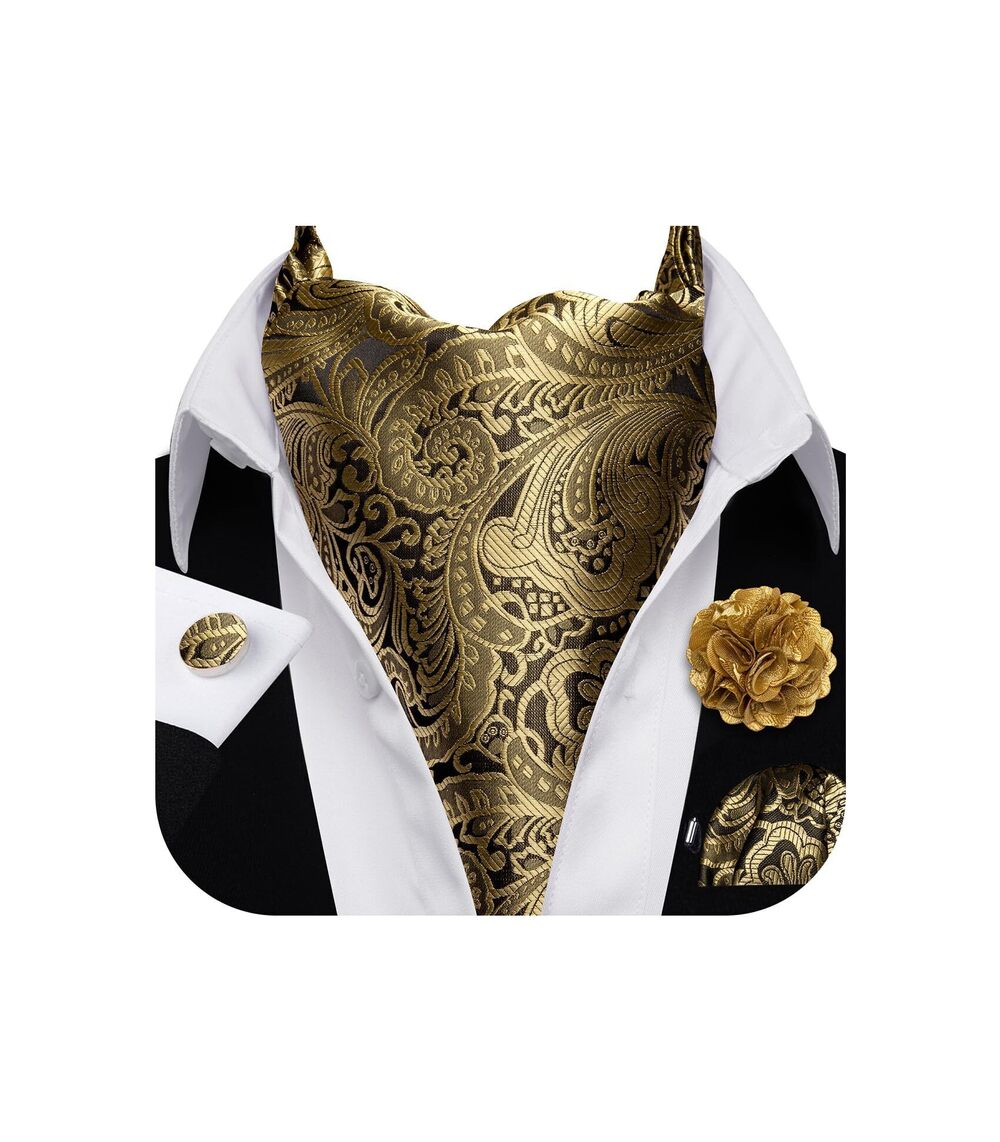5181 Ascot Tie Cravat Set Black Gold Paisley Scarf Neckties Pocket Square